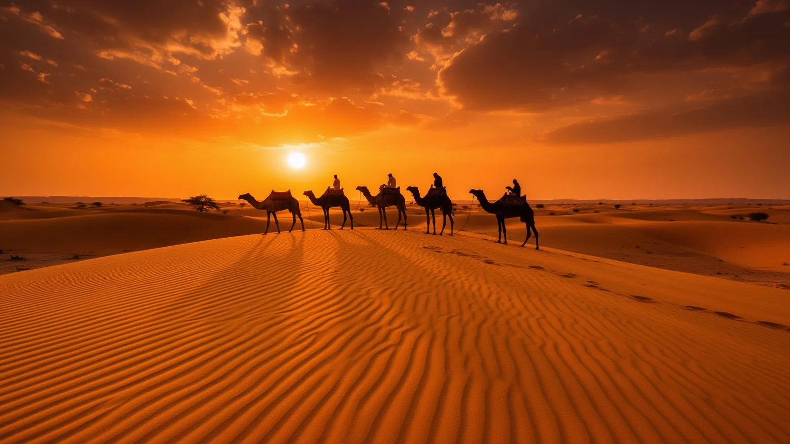 Camel safari at sunset on Sam Sand Dunes during a Jodhpur to Jaisalmer tour.